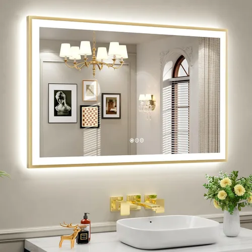 Miniatura 43 de Espejo de baño LED de 60x36 pulgadas con marco negro, espejos de baño retroiluminados y con luz frontal para pared, antiempañamiento, regulable