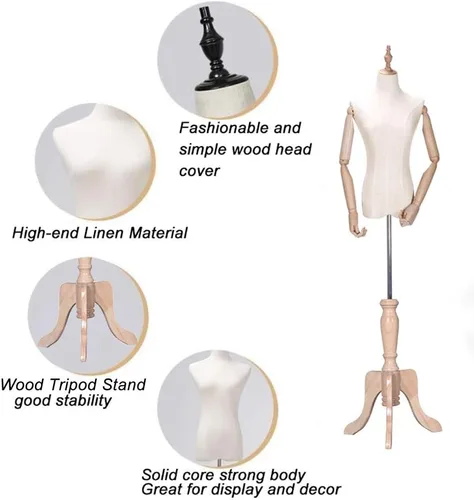 Miniatura 2 de Upgraded Female Dress Form - Mannequin Torso Body with Wood Arm & Tripod Stand, 53-70 Inch Height Adjustable for Clothing Display Interesting(Wood
