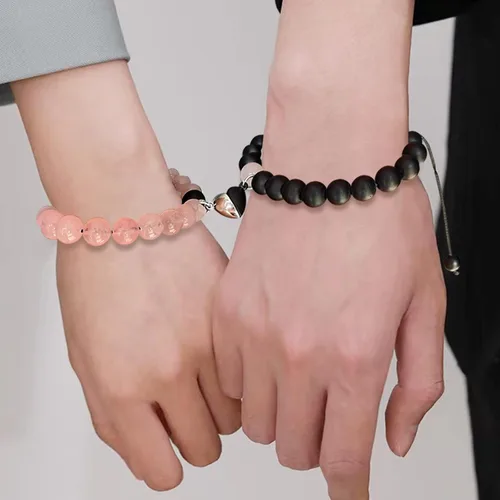 Miniatura 22 de 2 pulseras magnéticas para parejas, piedra natural negra mate, cristal para votos de amor eterno, juego de pulseras de cuentas de piedra de energía