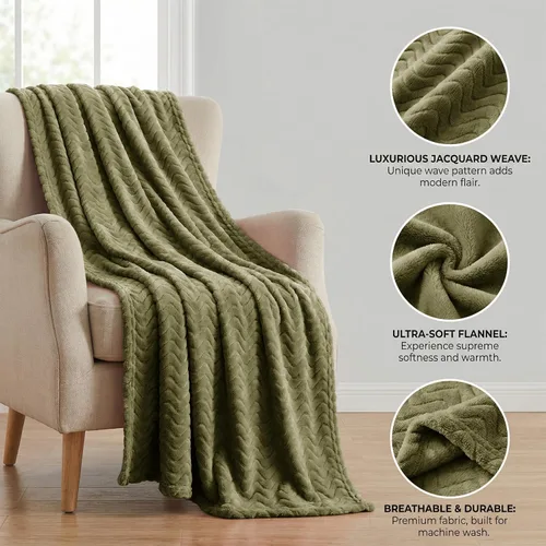 Miniatura 4 de Exclusivo Mezcla - Manta para sofá con textura ondulada decorativa, mantas de vellón ligeras y acogedoras, adecuadas para invierno, verde oliva, 50