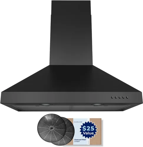 Hauslane Campana extractora de montaje en pared de 30 pulgadas, chimenea de pared negra mate, convertible sin conductos de 6 pulgadas, succión