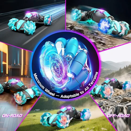 Miniatura 3 de AEROQUEST Auto de acrobacias RC azul para niños – Autos de control remoto todoterreno 4WD con detección de gestos, deriva de 360°, luces LED y Morado