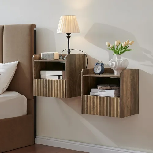 Miniatura 14 de BuildHom Moderna mesita de noche flotante acanalada montada en la pared, juego de 2 mesitas de noche con cajón de almacenamiento y estante