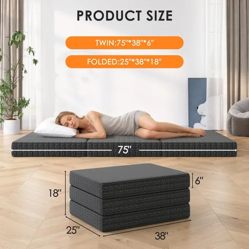 Miniatura 2 de Colchón de tres pliegues de 6 pulgadas, tamaño individual, cama de invitados portátil de espuma viscoelástica con gel refrescante certificado