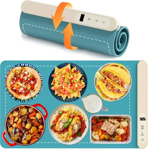 Tapete de calentamiento para alimentos, calentador de alimentos esenciales para el hogar, 6 ajustes de temperatura y temporizador, calentamiento