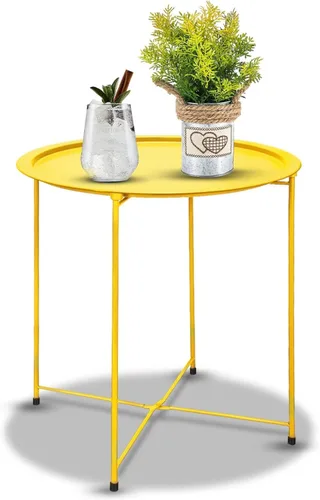 Miniatura 10 de Garden 4 you - Mesa auxiliar de metal negra redonda plegable con bandeja cian, mesa auxiliar redonda, para poner al lado del sofá, mesa