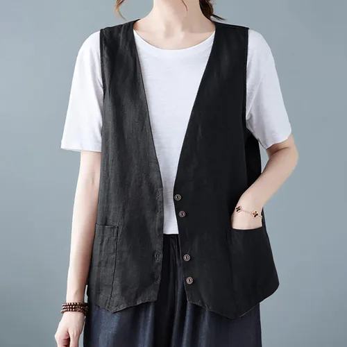 Miniatura 65 de COTECRAM Chaleco de lino de algodón para mujer, casual, sin mangas, con botones, ligero, para verano, holgado, ropa de abrigo