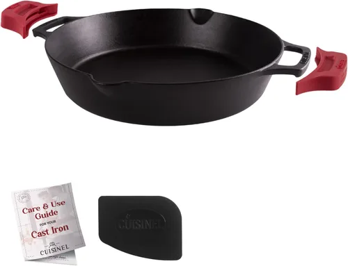 Sartén de Hierro Fundido - Sartén de Freír de 12 Pulgadas con Doble Mango + Fundas Protectoras de Mango de Silicona + Raspador de Sartén -