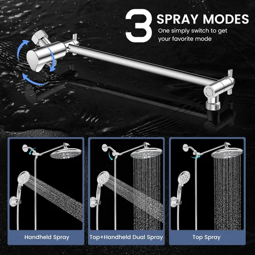 Miniatura 5 de FEELSO Combo de cabezal de ducha de alta presión de 10 pulgadas con rociador de mano, 16 ajustes, brazo ajustable de 11 pulgadas, interruptor