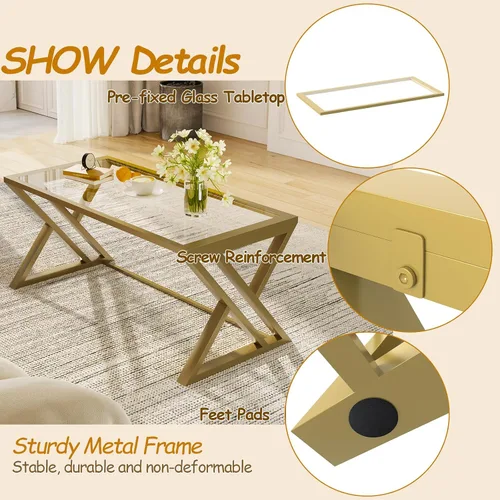 Miniatura 7 de Wolawu Mesa de Centro de Cristal Dorado Mesa de Centro de Cristal para Sala de Estar, Mesa Central Rectangular Moderna con Marco de Metal dorado