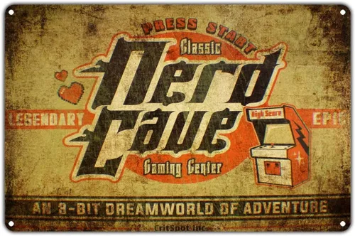 Press Start for Legendary Epic Nerd Cave Centro de Juegos Vintage Retro Metal Decoración de Pared Arte de Pared Bar Aluminio 8 "x 12" Letrero