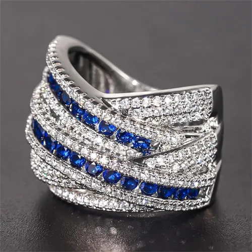 Miniatura 4 de Anillo de plata de ley 925 con zafiro natural, anillo cruzado de circonita cúbica, anillo de compromiso de eternidad, anillo de compromiso de boda