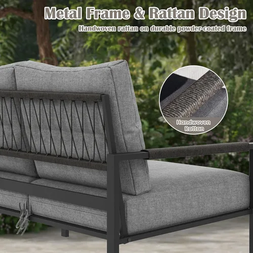 Miniatura 4 de Juego de 2 muebles de ratán para exteriores, sofá biplaza de patio para todo tipo de clima con cojines gris oscuro y mesa auxiliar para jardín