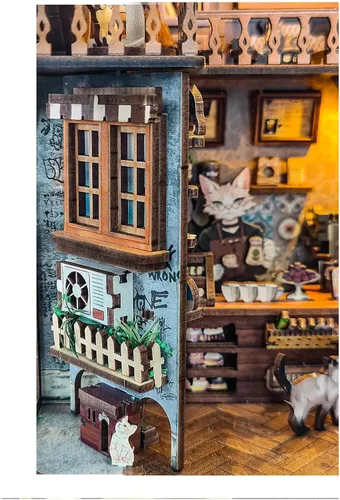 Miniatura 7 de Kit de rincón de lectura - Kit de casa de muñecas DIY en miniatura de madera con cubierta de polvo, estantería decorativa, rompecabezas 3D