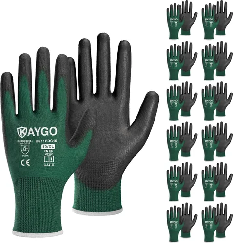 Miniatura 53 de KAYGO KG11PB - Guantes de seguridad con revestimiento delgado de poliuretano, tejido sin costuras, agarre suave en palma y dedos, para trabajo Verde