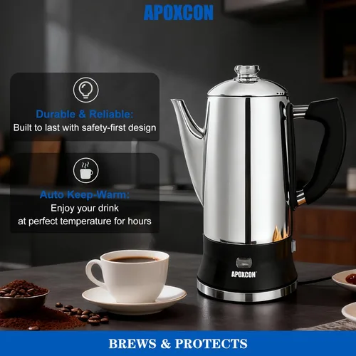 Miniatura 5 de APOXCON Cafetera eléctrica de acero inoxidable con perilla de progreso de preparación transparente, botón de vidrio resistente y interruptor