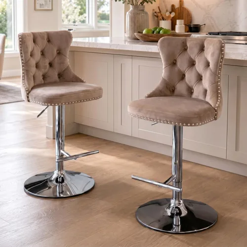 Miniatura 37 de SoarFlash Juego de 2 taburetes de bar tapizados de terciopelo moderno con patas de madera, botones acolchados, cabeza de clavo cromada, asiento