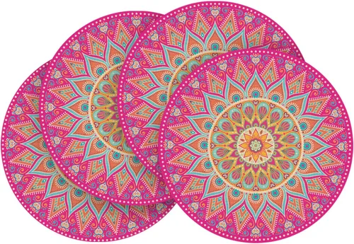 Artoid Mode - Juego de 4 manteles individuales de vinilo de plástico con mandala rosa, manteles redondos tejidos antideslizantes lavables de 14