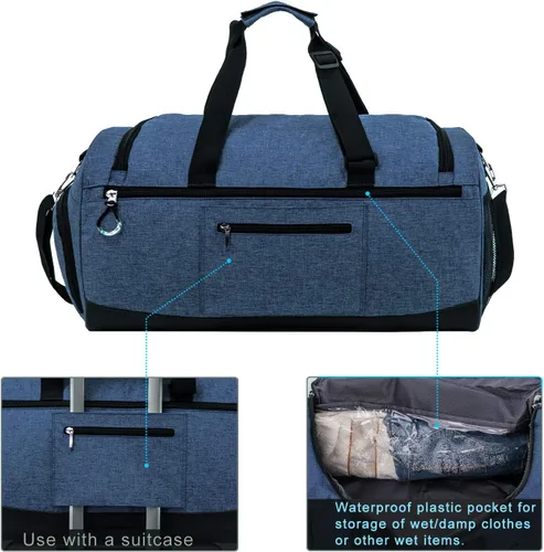 Miniatura 4 de Kuston Bolsa de gimnasio deportiva con compartimento para zapatos y bolsillo húmedo, bolsa de lona para gimnasio para hombres y mujeres, Azul