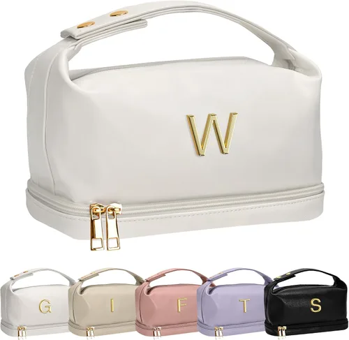 Miniatura 153 de Bolsa de maquillaje con asa, bolsa de cosméticos impermeable de doble capa, bolsas de maquillaje de cuero PU de gran capacidad con letra, bolsa