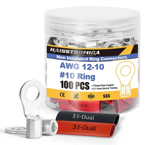 Miniatura 20 de haisstronica Juego de conectores de cables no aislados, 50 piezas de terminales de anillo de 5/16" (AWG12-10) con 50 piezas de tubo termorretráctil