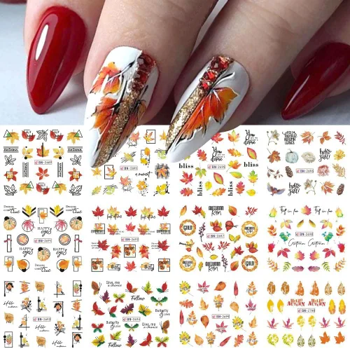 Miniatura 4 de 500 patrones de calcomanías de uñas de otoño para mujer, calcomanías de agua de dibujos animados, calabaza, hongo, hoja de arce, calcomanías