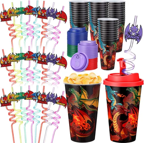 Miniatura 25 de Yungyan 16 juegos de tazas de golosinas con tapas y pajitas para decoraciones de cumpleaños, reutilizables, 16 onzas, vasos de plástico para dulces