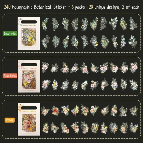 Miniatura 4 de Dizdkizd Juego de calcomanías holográficas de flores y hojas, 240 calcomanías doradas para álbumes de recortes, pequeñas calcomanías florales