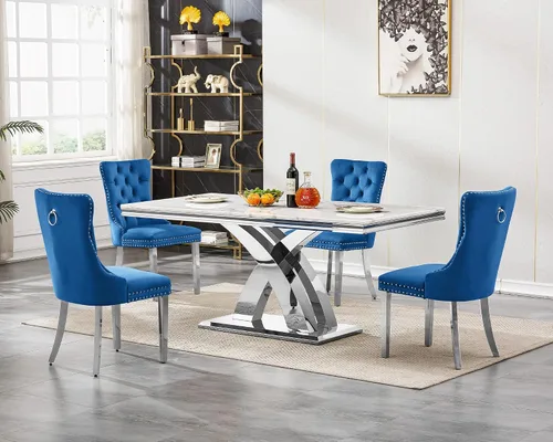 Miniatura 17 de Moderno juego de mesa de comedor de mármol para 4, juego de mesa de comedor de lujo para 4, mesa de comedor de mármol sintético de 68 pulgadas