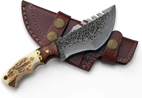 Miniatura 6 de Cuchillo de Caza de Damasco con Mango de Asta de Ciervo y Funda de Cuero (Damascus Tracker, Hoja de 4.5 Pulgadas)