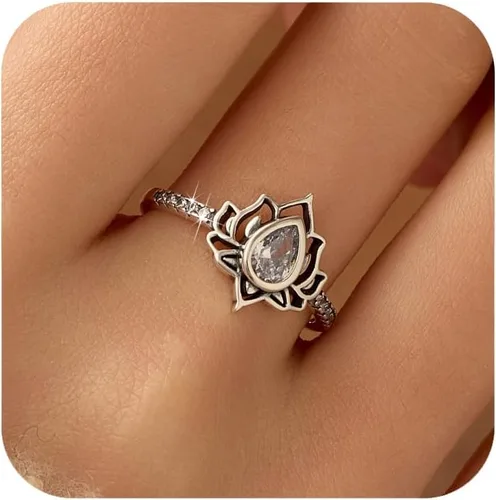 LOVECOM Anillo de loto para mujeres, adolescentes y niñas, plata de ley 925, anillos de promesa de flor de loto, circonita cúbica, anillo inspirador