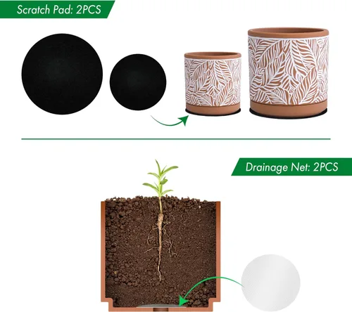 Miniatura 4 de D'vine Dev Juego de 2 macetas de terracota, maceta con patrón de hojas, 4 y 6 pulgadas, maceta con orificio de drenaje y platillo, terracota/blanco