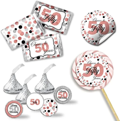 Kit de calcomanías de confeti de oro rosa con lunares para cumpleaños número 50, 429 piezas. Incluye 60 calcomanías circulares de 2 pulgadas para