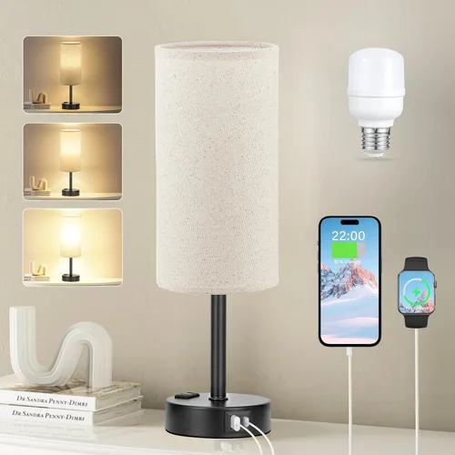 Miniatura 21 de Fenmzee Juego de lámparas de mesa pequeñas táctiles regulables de 2 a 3 vías, carga USB A + C, salida de CA, base de grano de madera, bombillas