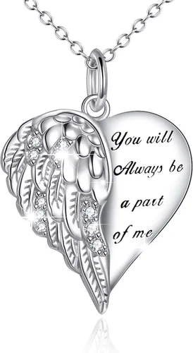 YFN Collar de alas de ángel de la guarda con corazón en plata de ley, alas de ángel conmemorativas, joyería de condolencia para mujeres y niñas,