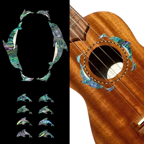 Adhesivo adhesivo para ukelele - Marcadores de diapasón de delfines y roseta - Azul abulón, UKR-275DR-BL-AZ