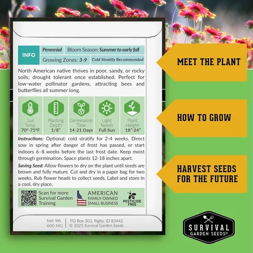 Miniatura 2 de Survival Garden Seeds - Semillas de flores para plantar - Paquete con instrucciones para plantar y cultivar Gaillardia Pulchella en el huerto de tu