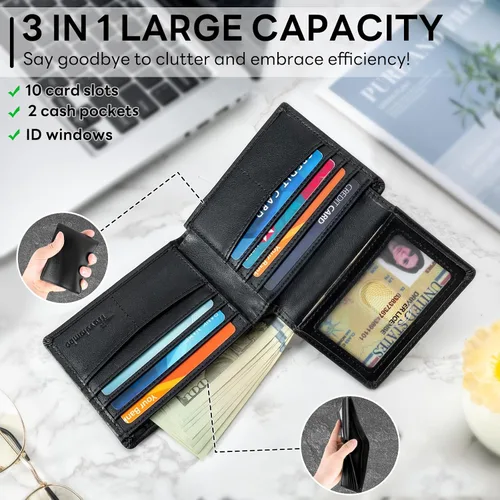Miniatura 3 de Cartera para hombre, billetera clásica de alta calidad para hombre, billetera minimalista y plegable, cartera con bloqueo RFID con 10 tarjetas