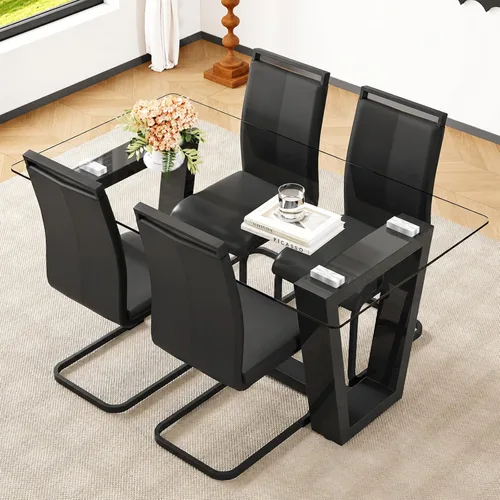 Miniatura 8 de Ebullient - Juego de mesa de comedor de cristal para 4, juego de mesa de comedor moderno para 4, tablero de vidrio templado con patas trapezoidales