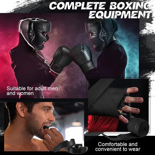 Miniatura 4 de Kanayu Juego de 14 piezas de guantes de boxeo de 16 onzas, casco para la cabeza, envolturas de mano, protectores bucales, equipo de Navidad