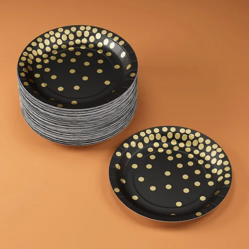 Miniatura 4 de DYLIVeS Plato de papel, paquete de 80 lunares negros y dorados, platos desechables de 7 pulgadas, redondo, casual, para todas las estaciones