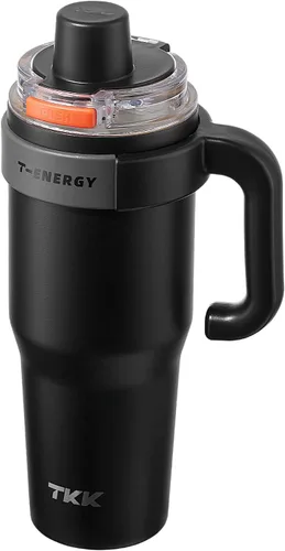 Miniatura 12 de TKK Vasos aislados de 40 onzas con asa y pajilla, taza de viaje de acero inoxidable con revestimiento de cerámica, taza de café helado de doble