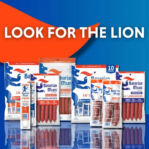 Miniatura 6 de Bavarian Meats Hot & Spicy Lil' Landjaeger Palitos de Carne, Aperitivos de Proteína de Salchicha Ahumada Envueltos Individualmente, Cero Azúcar
