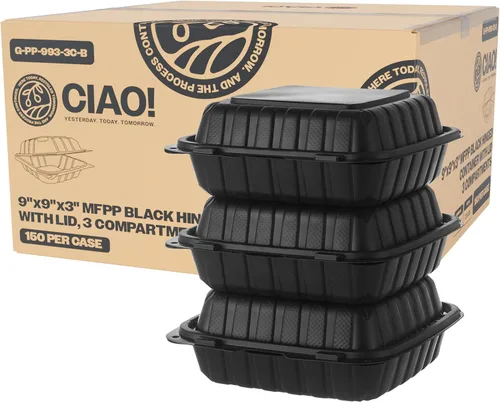 Miniatura 26 de CIAO! Contenedor blanco con bisagras MFPP de 9"x9"x3" con tapa 1 compartimento (caja de 150)