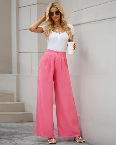 Miniatura 4 de GRAPENT Pantalones de pierna ancha para mujer, jeans de cintura alta, pantalones palazzo, ligeros, para verano, playa, Y2K