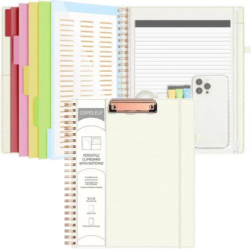 Portapapeles de cuero Ospelelf con portafolio y bolsa con cremallera de almacenamiento, portapapeles espiral con bloc de notas para tamaño carta, 5