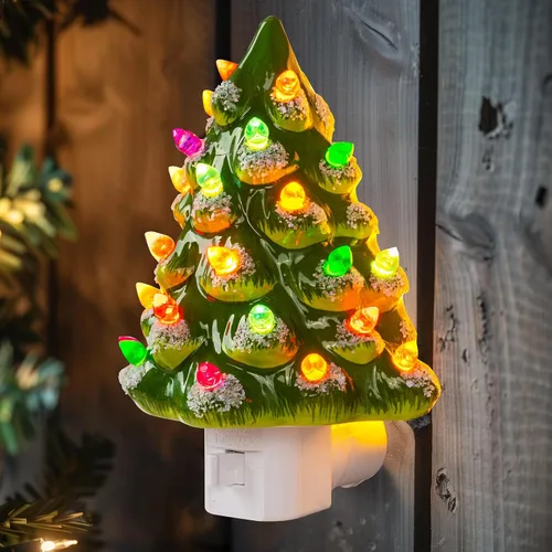 Dazzle Bright Luz nocturna de cerámica para árbol de Navidad, luz nocturna con certificación UL, enchufable, decoraciones navideñas vintage para