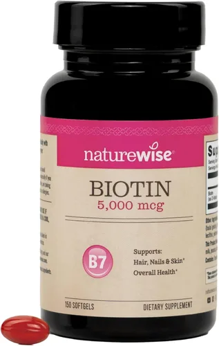 NatureWise Cápsulas blandas de biotina extra fuerte de 5,000 mcg, biotina para el crecimiento del cabello, mujeres y hombres + soporte para la piel