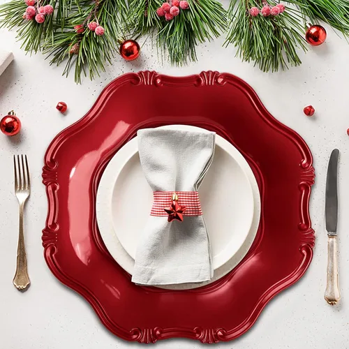 Miniatura 5 de ZOOFOX Juego de 12 salvamanteles rojos, salvamanteles metálicos de 13" con bordes festoneados para plato de cena, platos de servicio decorativos
