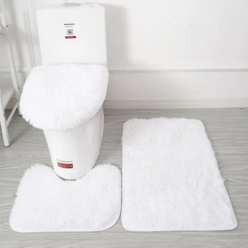Miniatura 14 de Juego de alfombras de baño de 3 piezas, tapete de inodoro en forma de U + alfombras + alfombrilla de cubierta de tapa de inodoro, con respaldo